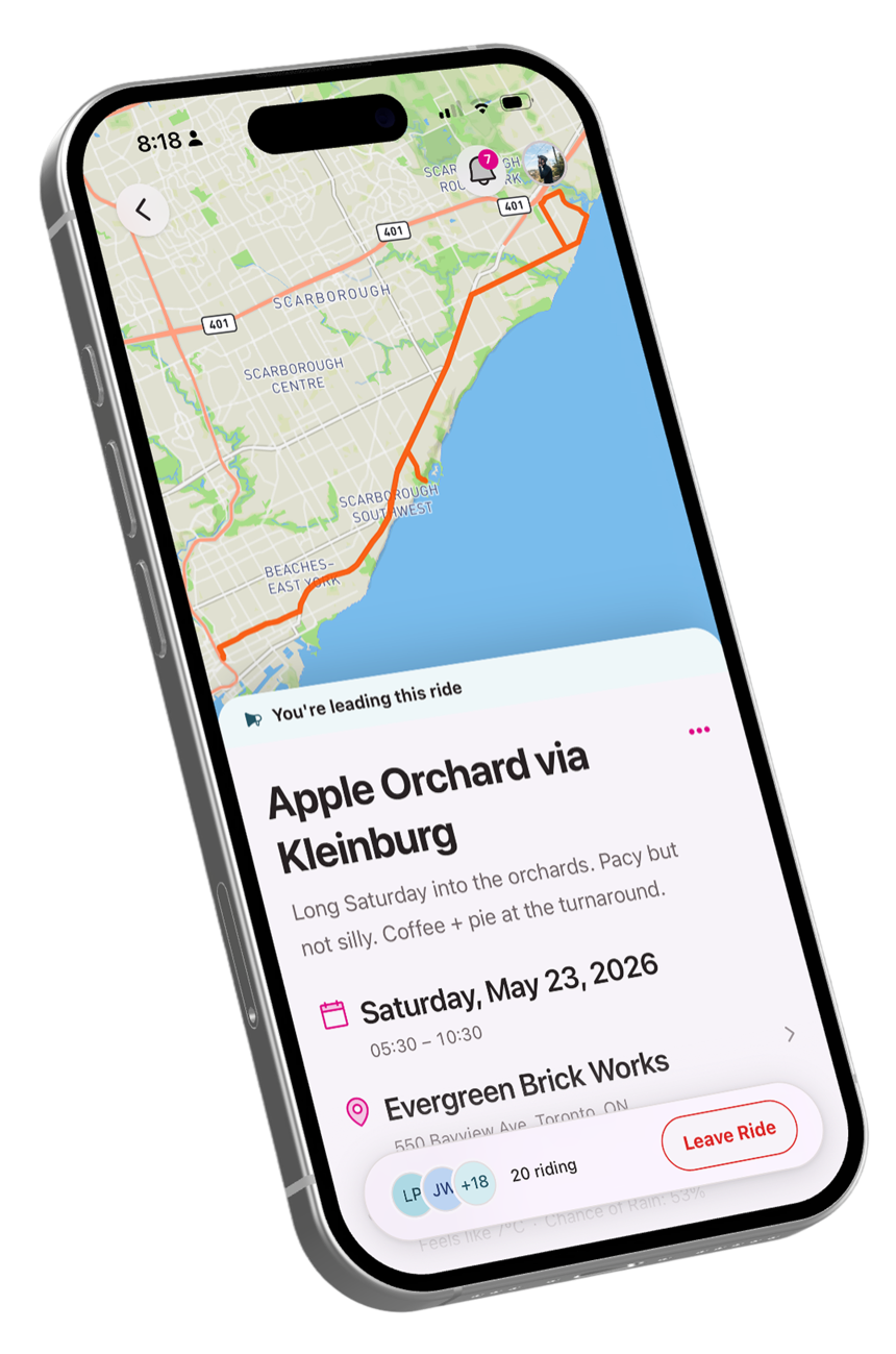 The Draftr app showing a ride with its route map, date, and meetup point
